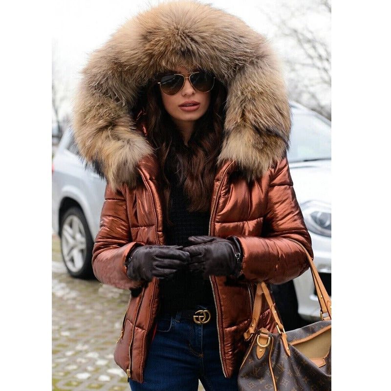 Damen Winterjacke mit Kapuze und Kunstfellkragen - Braun