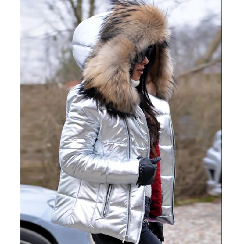 Damen Winterjacke mit Kapuze und Kunstfellkragen - Silber