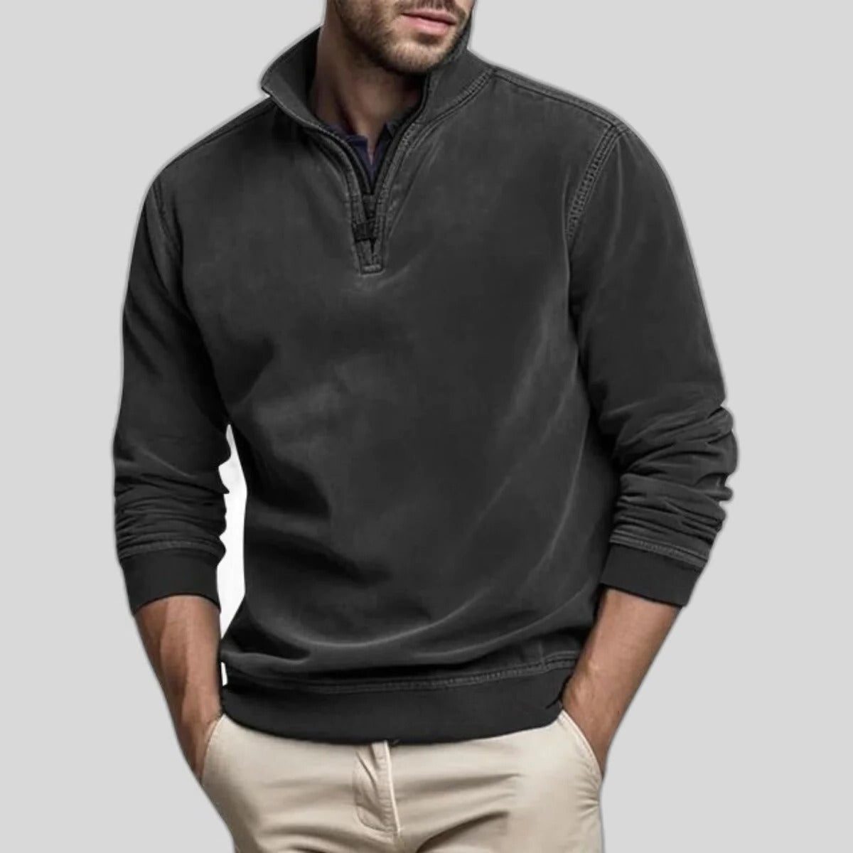 Herren Fleece-Pullover mit Halbreissverschluss - Schwarz