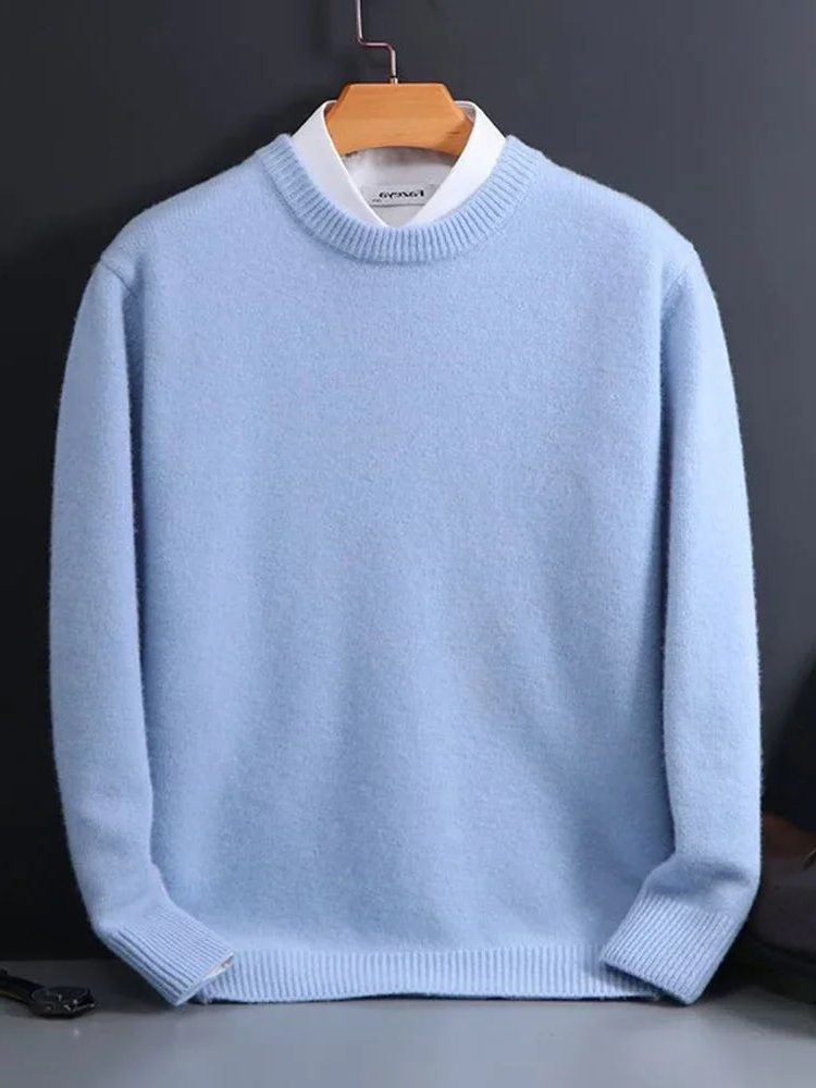 Damen Rundhals-Strickpullover mit Rippstrick - Hellblau