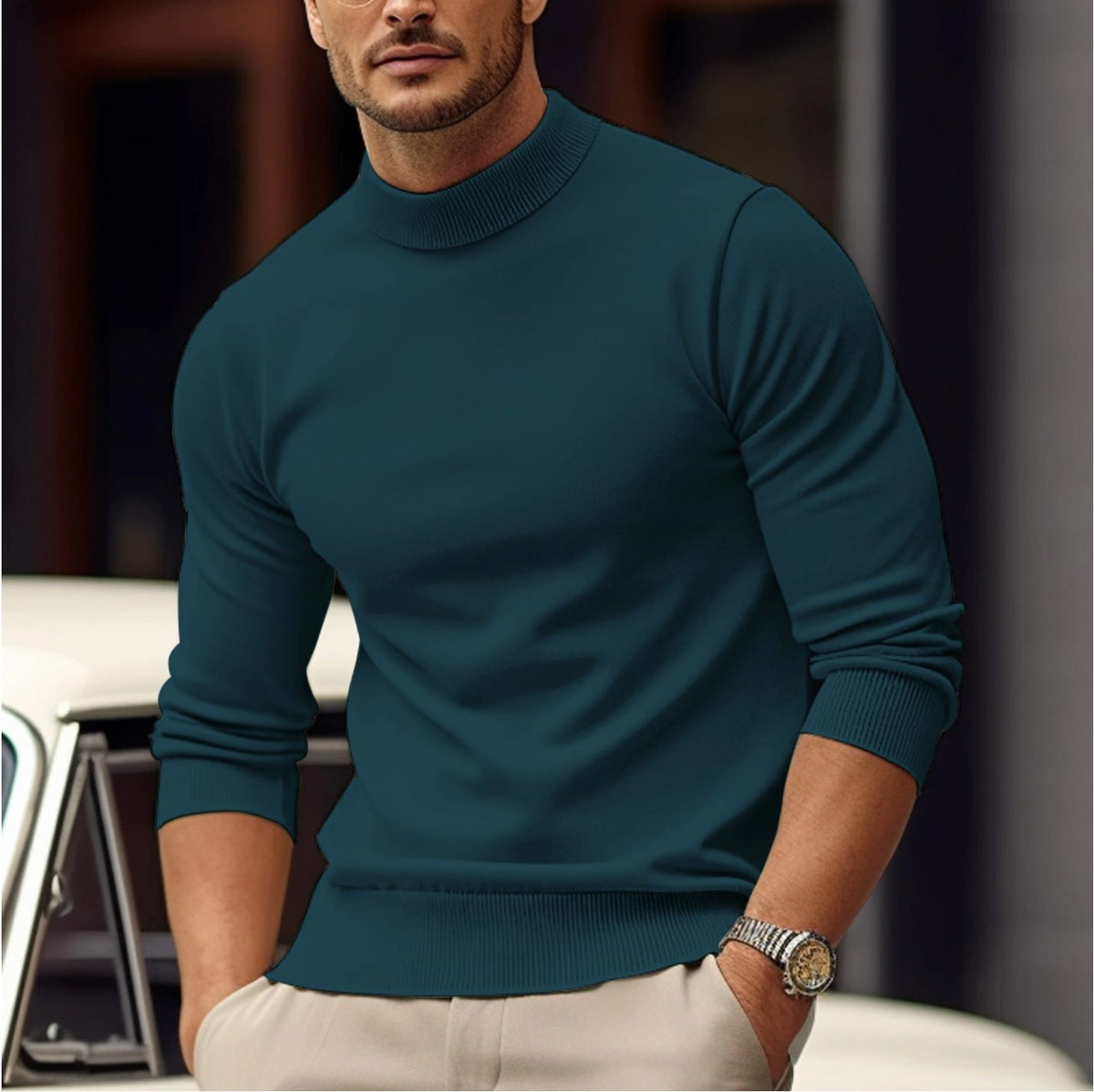 Herren Stehkragen Strickpullover aus Baumwolle - Grün