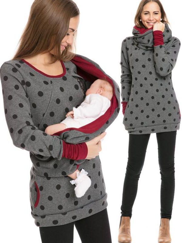 Damen Stillsweatshirt mit Reissverschluss und Taschen - Punktdruck Grau
