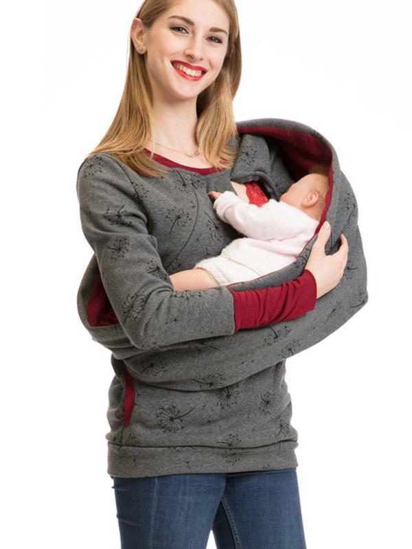 Damen Stillsweatshirt mit Reissverschluss und Taschen - Grauer Blumendruck