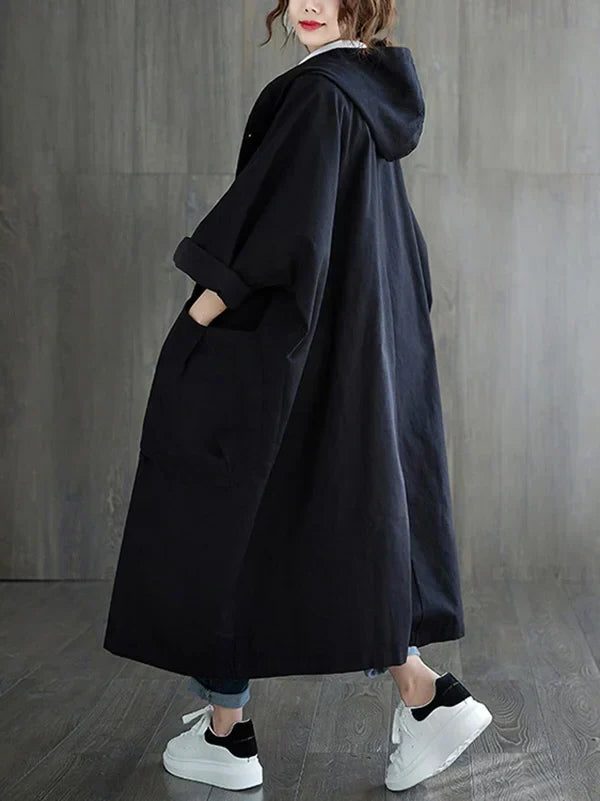 Damen Langer Wasserabweisender Trenchcoat mit Reverskragen - Schwarz