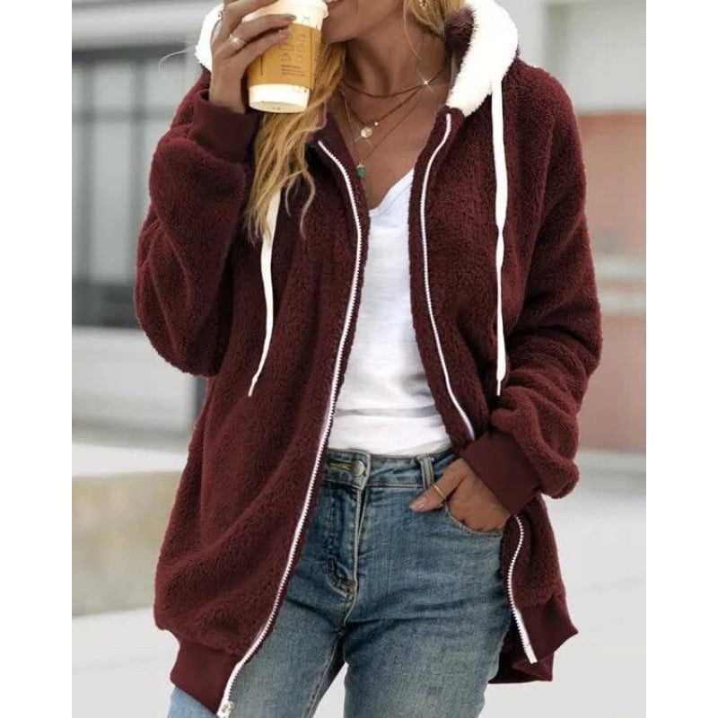 Damen Oversized Sherpa-Kapuzenjacke mit Reissverschluss - Rot