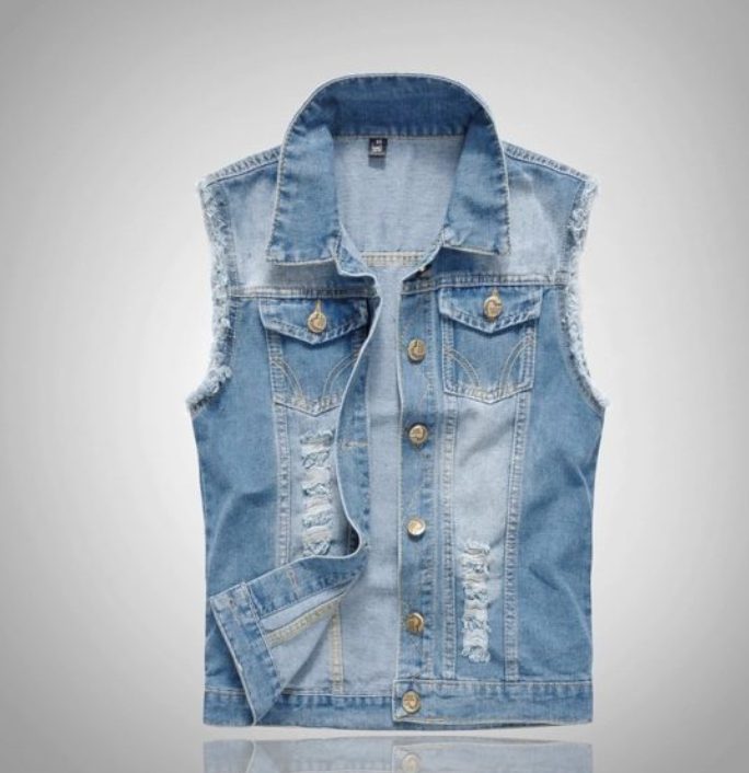 Herren Jeansweste mit Knöpfen und Reverskragen - Hellblau
