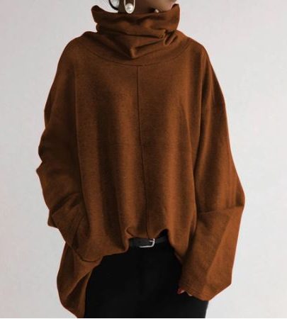 Damen Oversized Turtleneck Sweatshirt mit Taschen - Kaffee