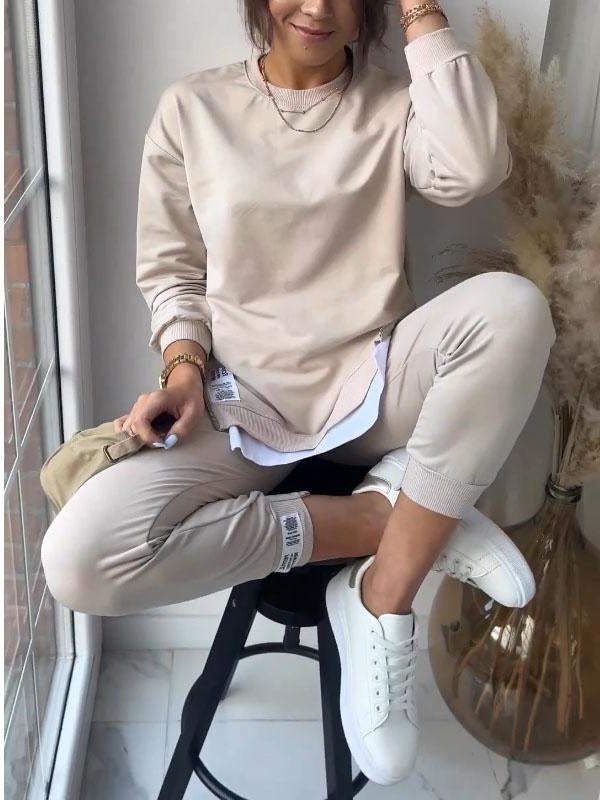Damen Oversized Sweatshirt-Jogging-Set mit Weissem Einsatz - Khaki