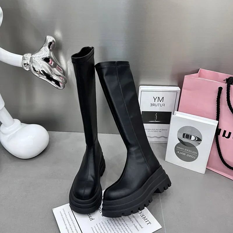 Damen Plateau Langschaftstiefel mit Blockabsatz