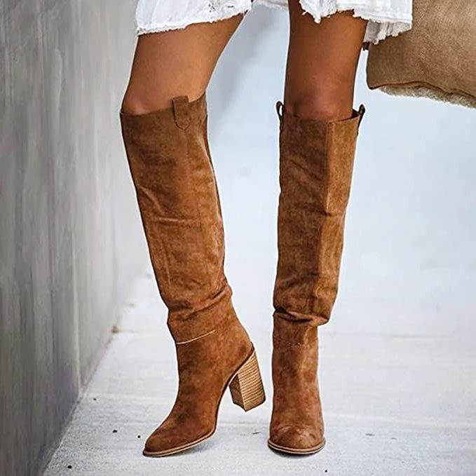 Damen Kniehohe Stiefel mit Blockabsatz - Braun
