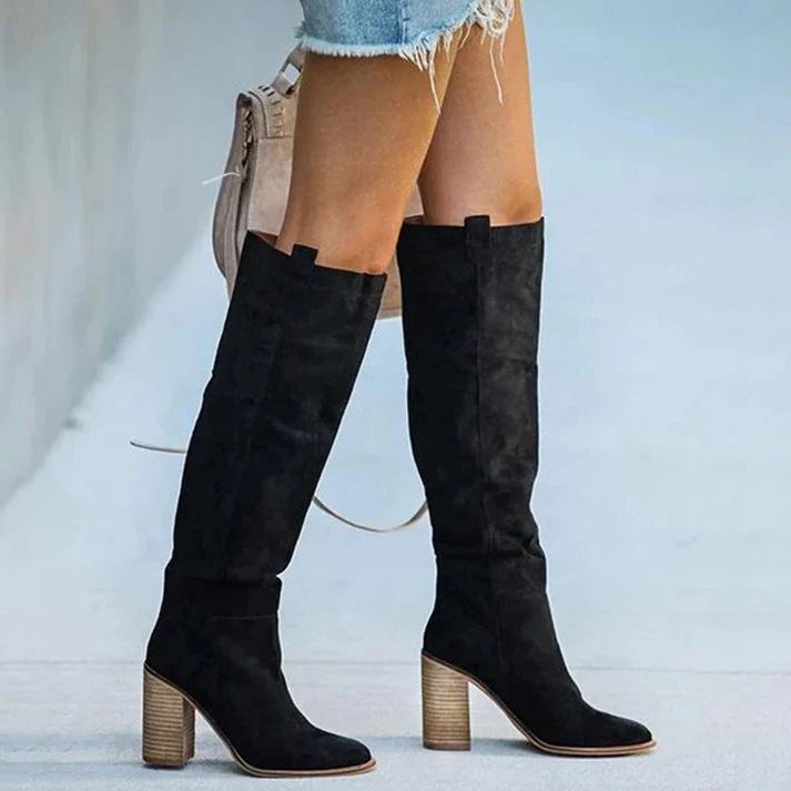Damen Kniehohe Stiefel mit Blockabsatz - Schwarz
