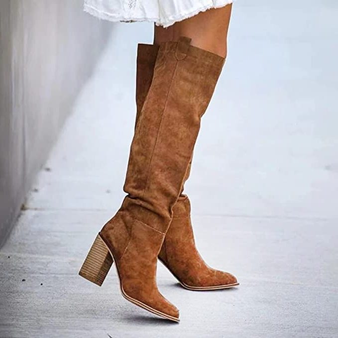 Damen Kniehohe Stiefel mit Blockabsatz