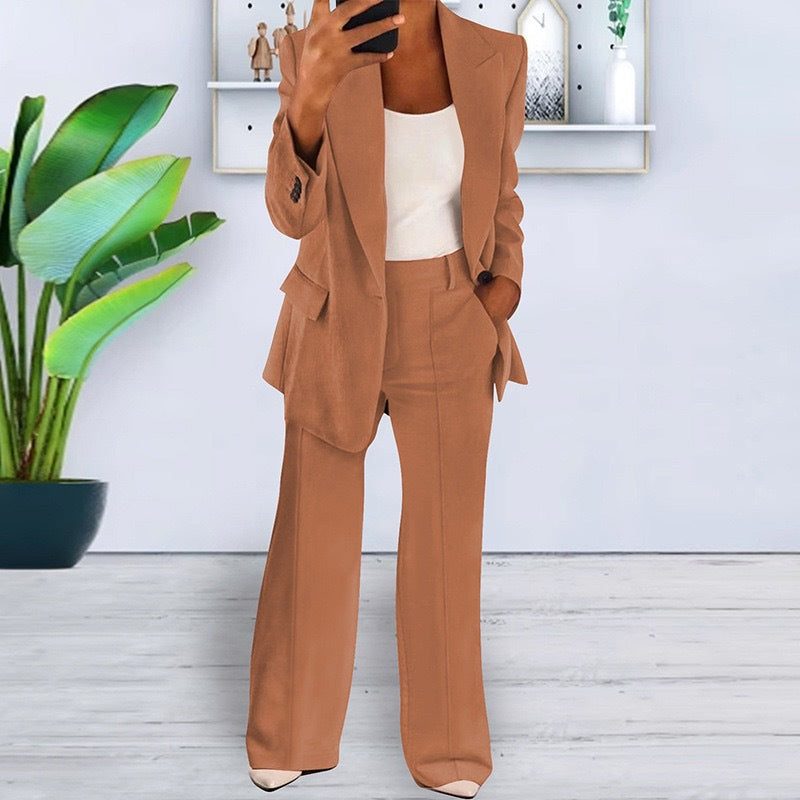 Damen Blazer und Hose Set mit Reverskragen - Braun