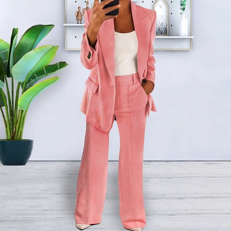 Damen Blazer und Hose Set mit Reverskragen - Rosa