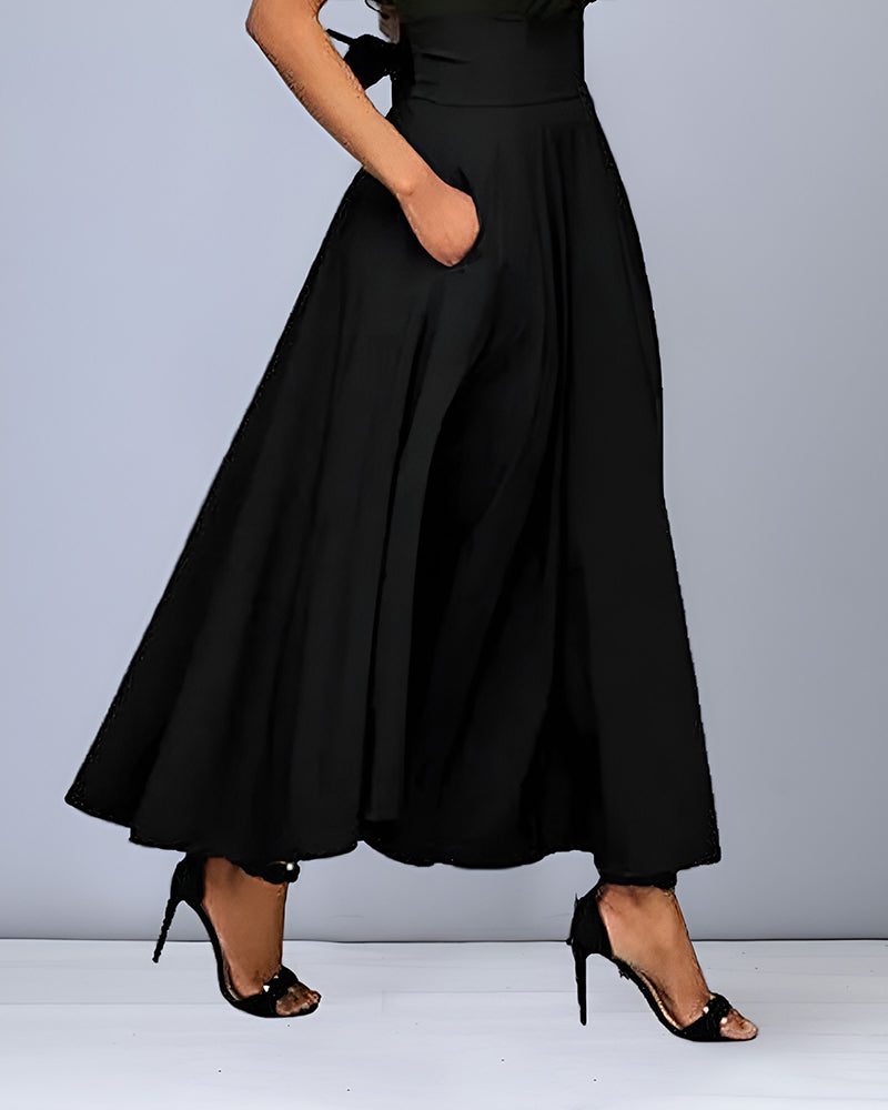 Damen Midirock mit Hoher Taille und Taschen - Schwarz