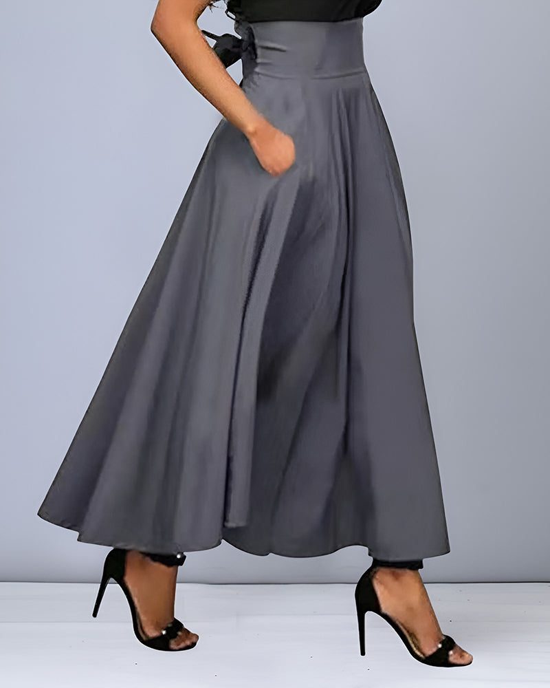 Damen Midirock mit Hoher Taille und Taschen - Grau