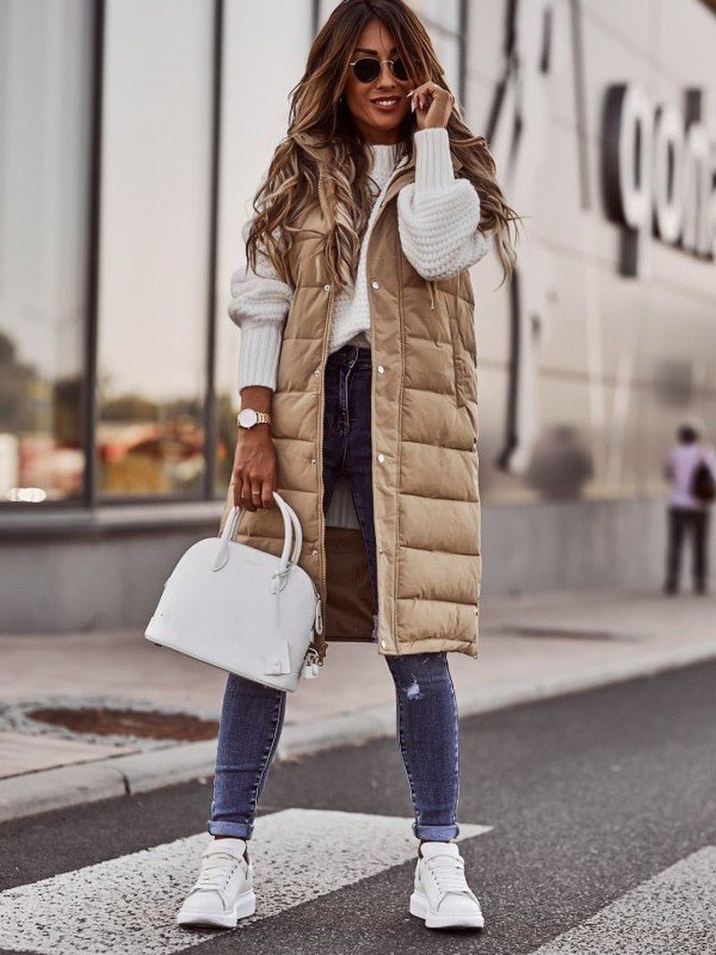 Lange Steppweste mit Kapuze für Damen - Beige