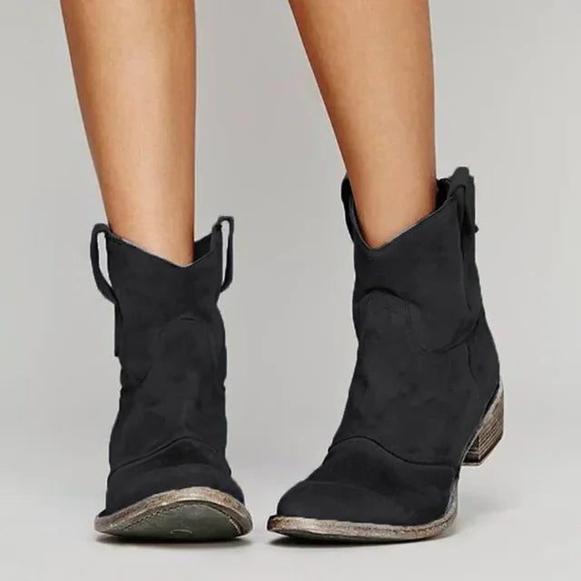 Damen Vintage Cowboy Stiefeletten mit Blockabsatz - Schwarz