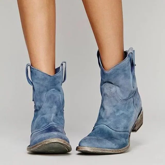 Damen Vintage Cowboy Stiefeletten mit Blockabsatz - Blau