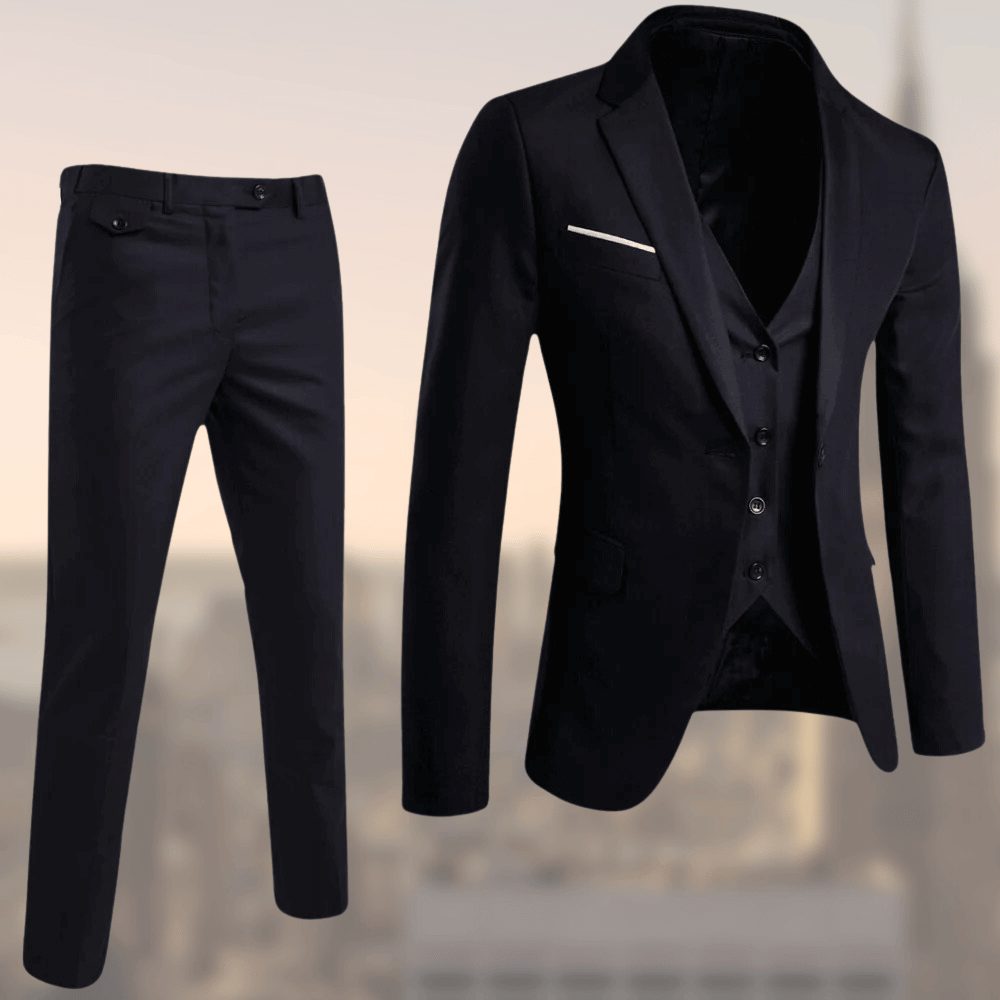 Herren Slim Fit Zweiteiliger Anzug mit Integrierter Weste - Schwarz