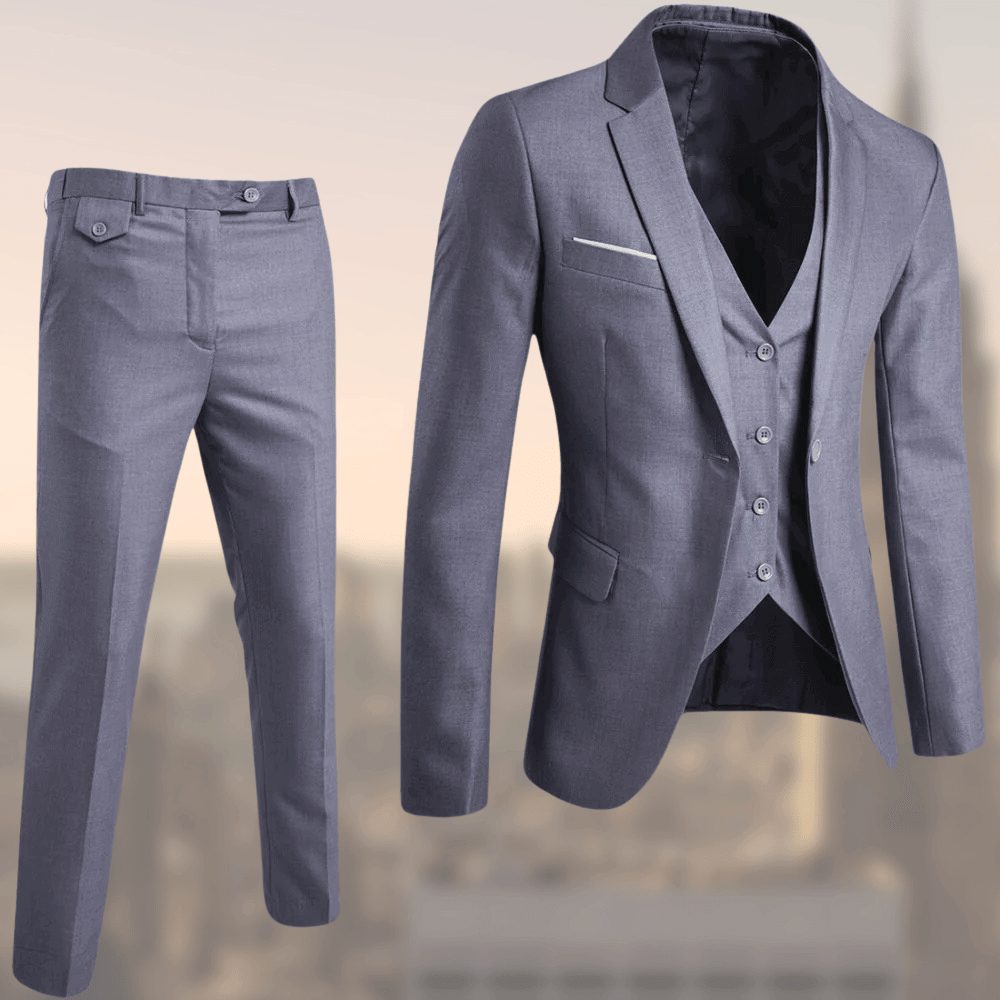 Herren Slim Fit Zweiteiliger Anzug mit Integrierter Weste - Grau