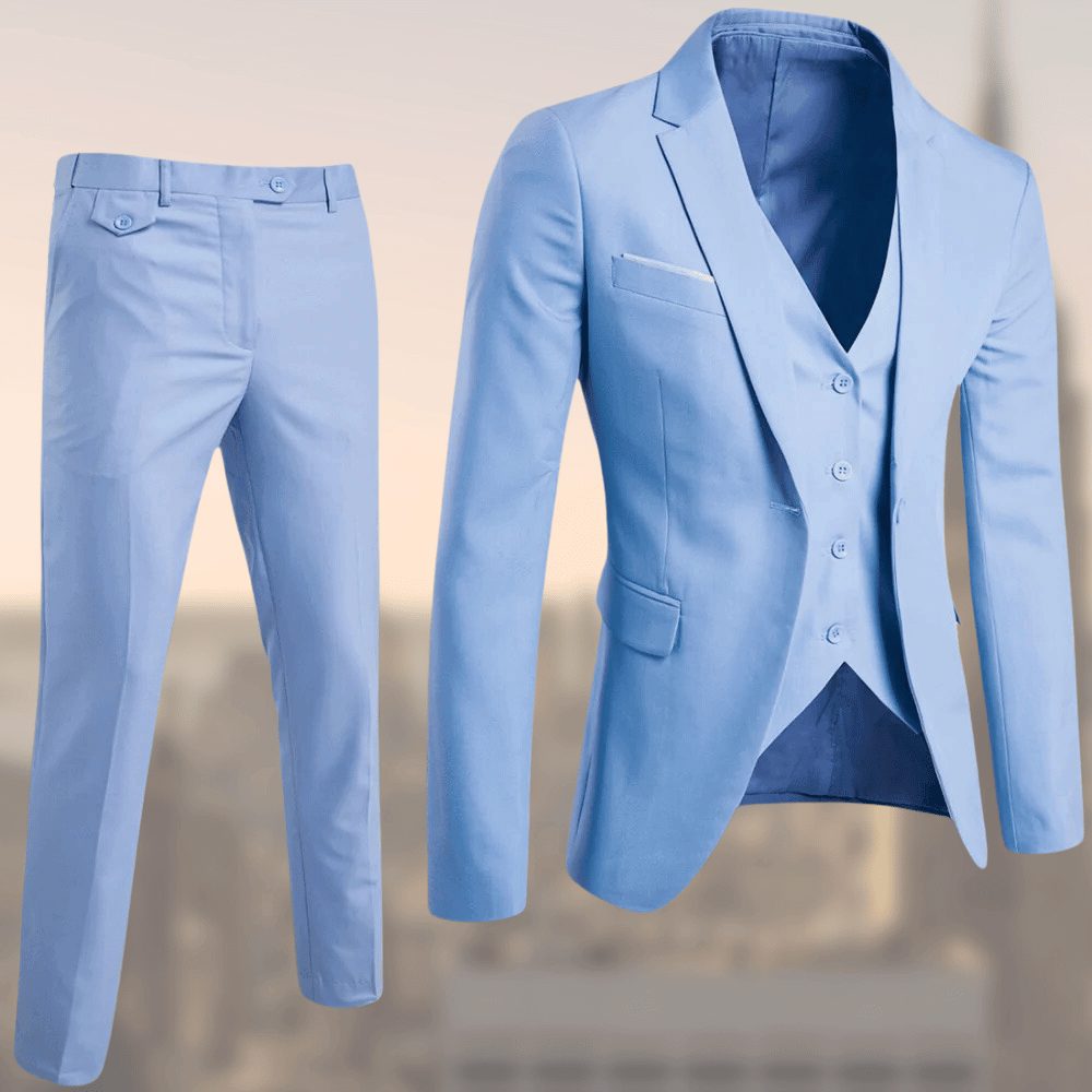 Herren Slim Fit Zweiteiliger Anzug mit Integrierter Weste - Himmelblau