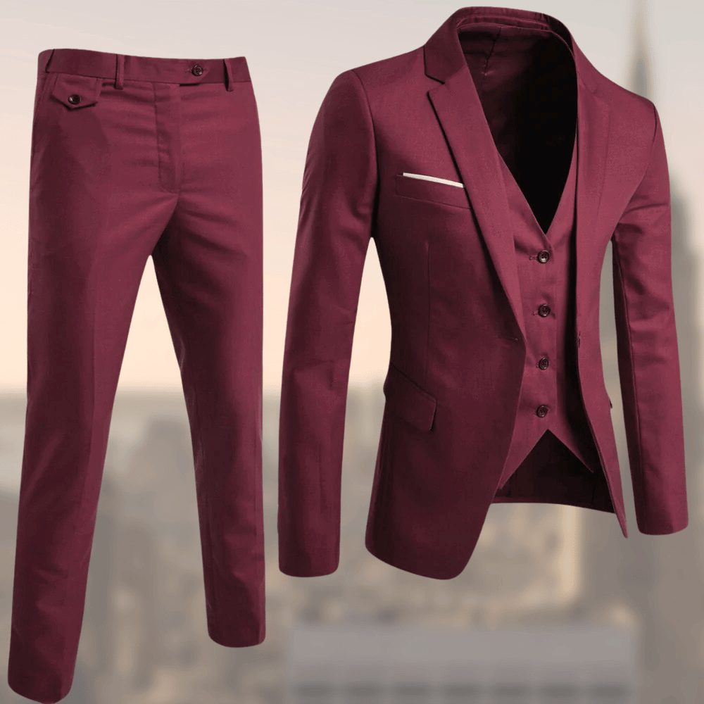 Herren Slim Fit Zweiteiliger Anzug mit Integrierter Weste - Rot