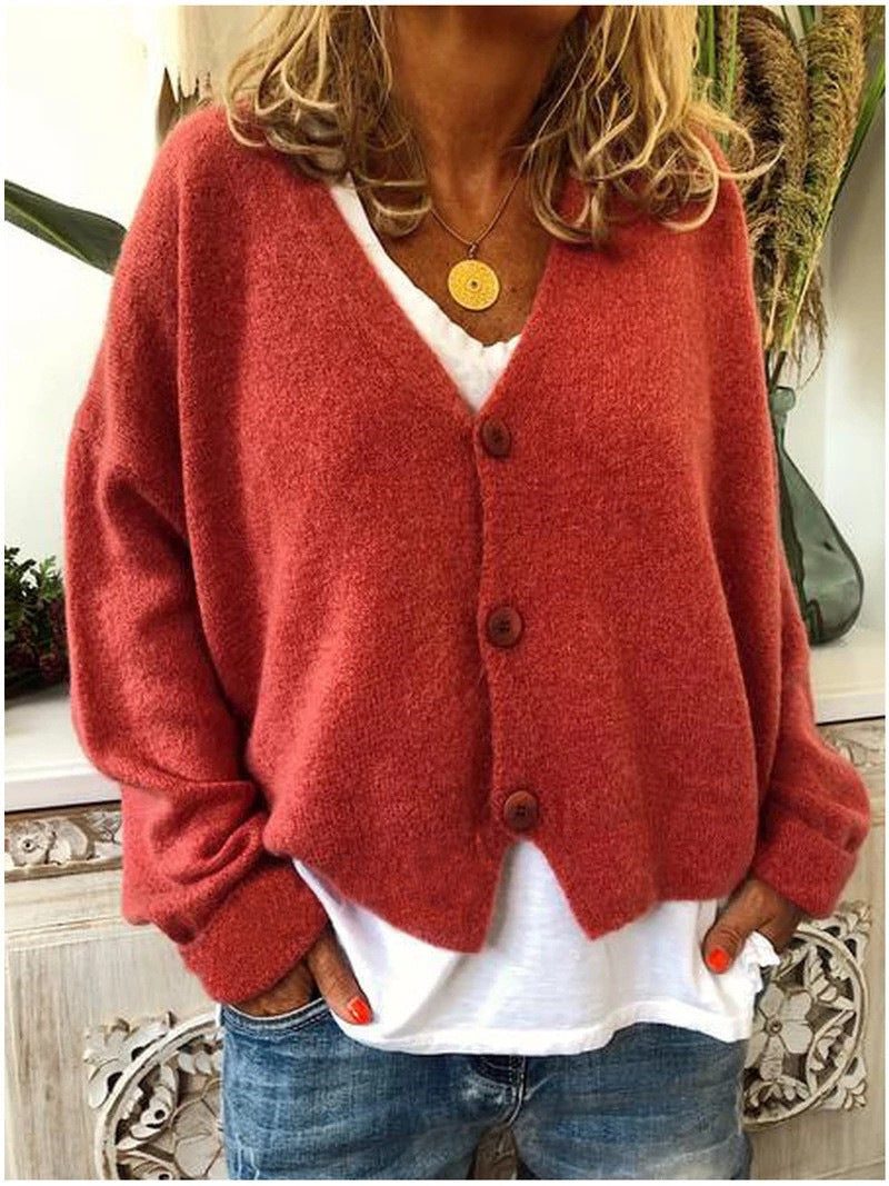 Damen Cardigan mit V-Ausschnitt und Knopfleiste - Orangerot