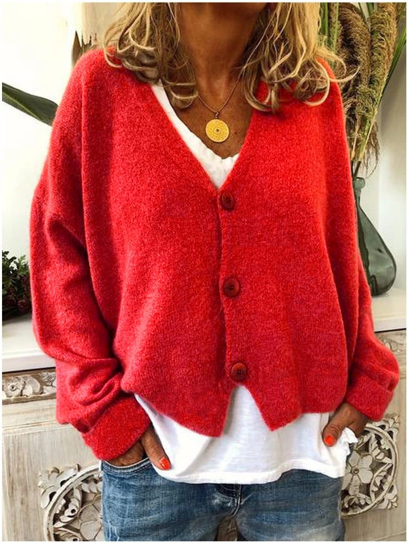 Damen Cardigan mit V-Ausschnitt und Knopfleiste - Rot