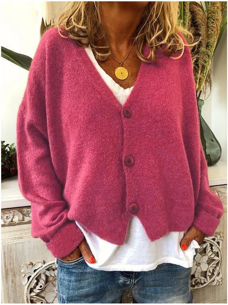 Damen Cardigan mit V-Ausschnitt und Knopfleiste - Rosenrot