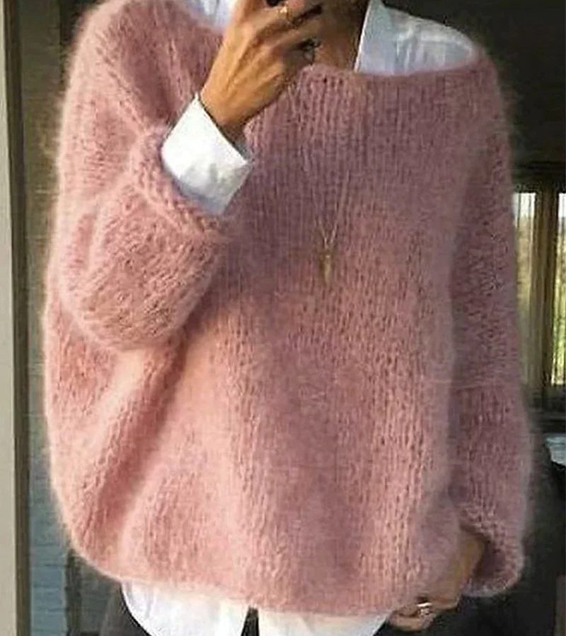 Damen Oversize Strickpullover mit Rundhals - Rosa