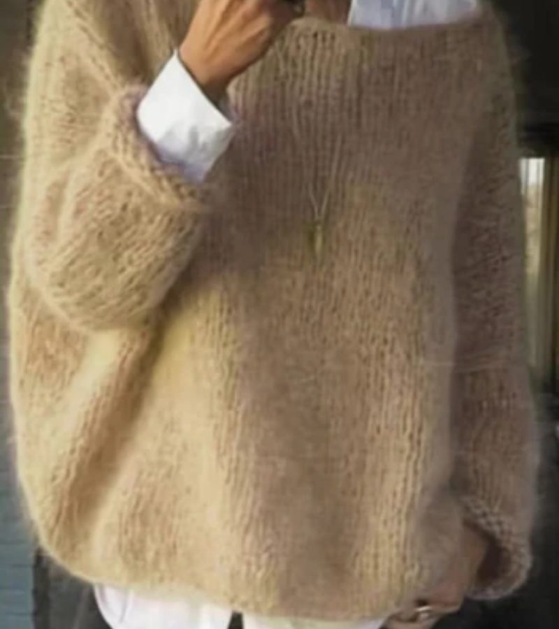 Damen Oversize Strickpullover mit Rundhals - Khaki
