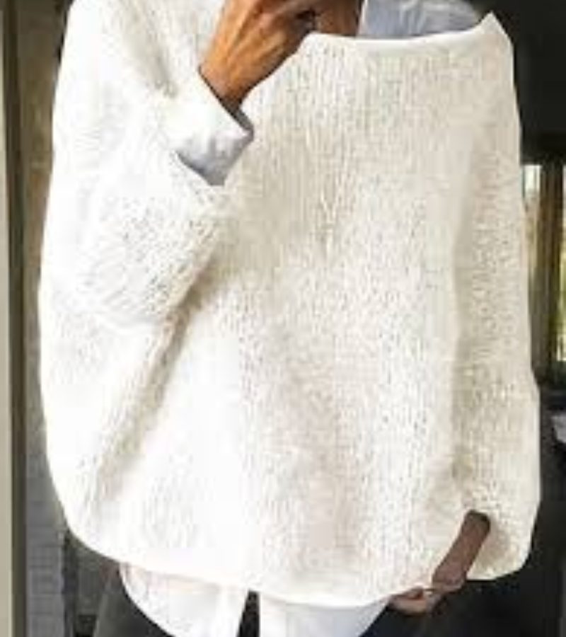 Damen Oversize Strickpullover mit Rundhals - Weiss