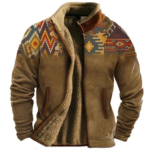 Herren Fleecejacke mit Grafischem Muster und Reissverschluss - Braun-Rot