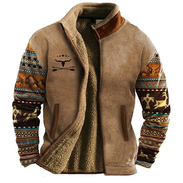 Herren Fleecejacke mit Grafischem Muster und Reissverschluss - Braun