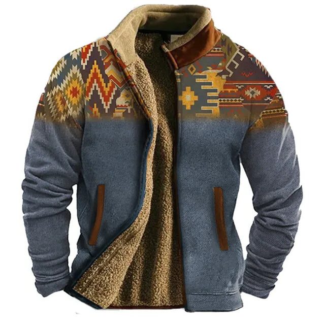 Herren Fleecejacke mit Grafischem Muster und Reissverschluss - Blau