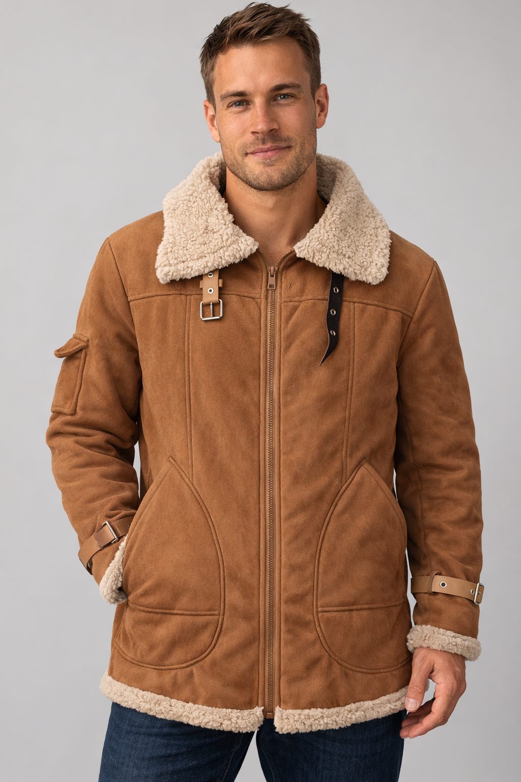 Herren Lammfell Jacke mit Stehkragen und Reissverschluss