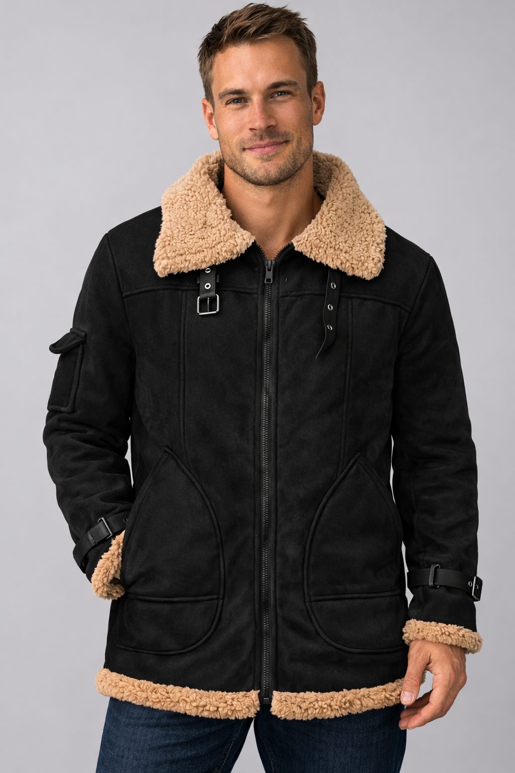 Herren Lammfell Jacke mit Stehkragen und Reissverschluss - Schwarz