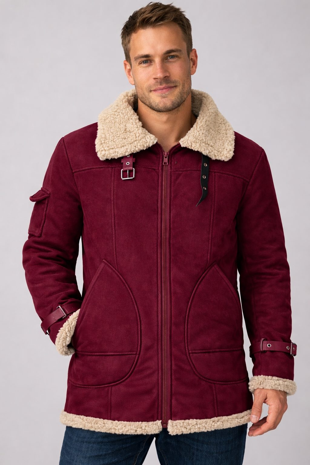 Herren Lammfell Jacke mit Stehkragen und Reissverschluss - Rot