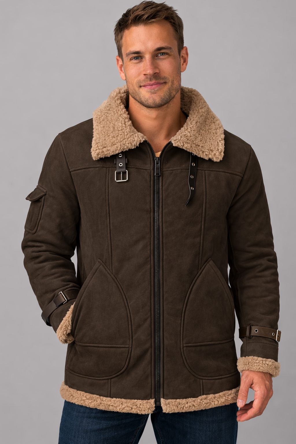 Herren Lammfell Jacke mit Stehkragen und Reissverschluss - Kaffee
