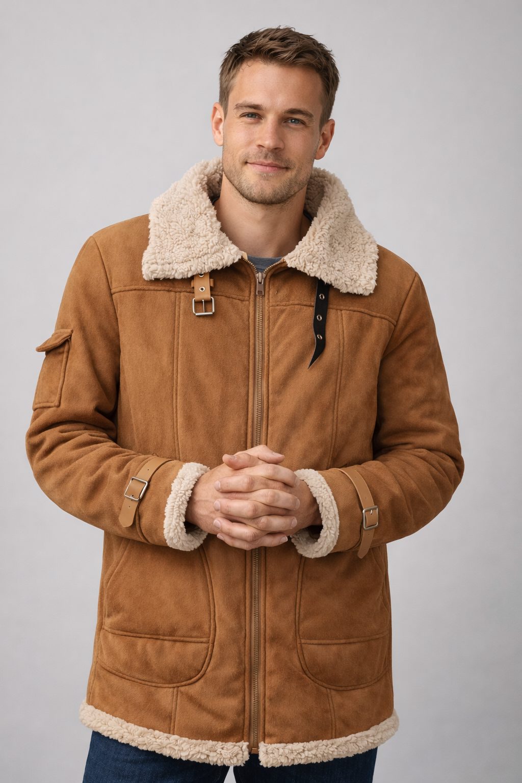 Herren Lammfell Jacke mit Stehkragen und Reissverschluss