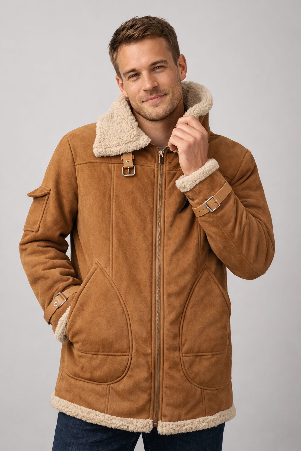 Herren Lammfell Jacke mit Stehkragen und Reissverschluss - View 3