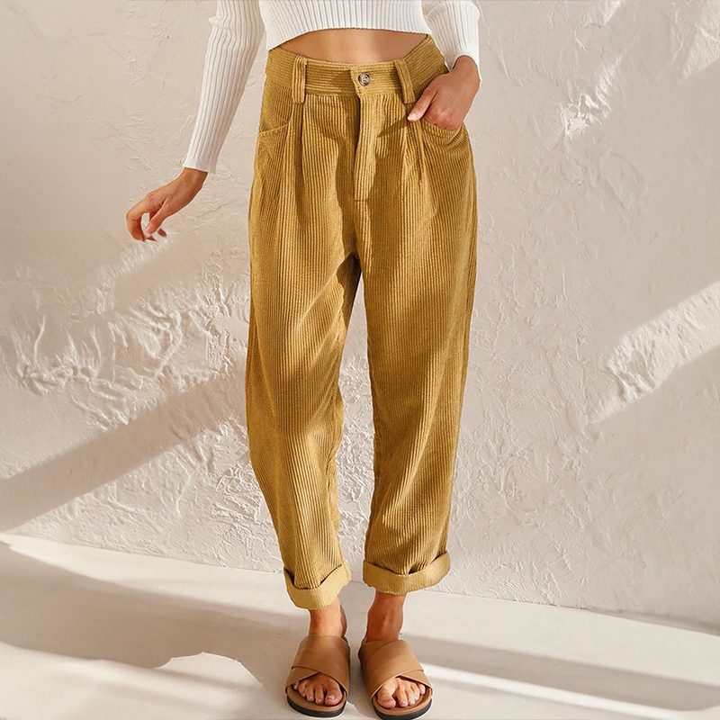 Damen Cordhose mit Gerader Passform und Hohem Bund