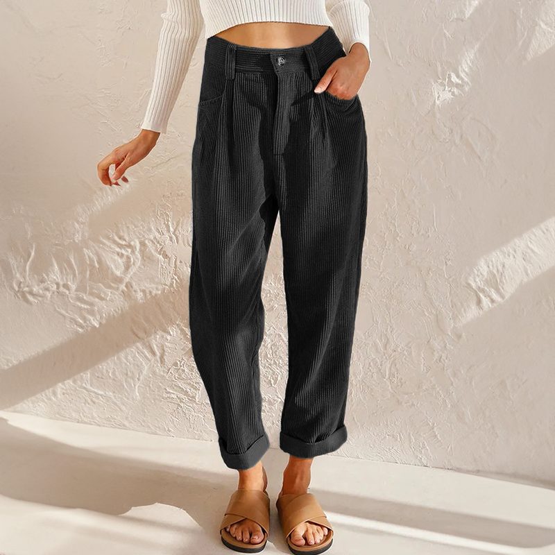 Damen Cordhose mit Gerader Passform und Hohem Bund - Schwarz