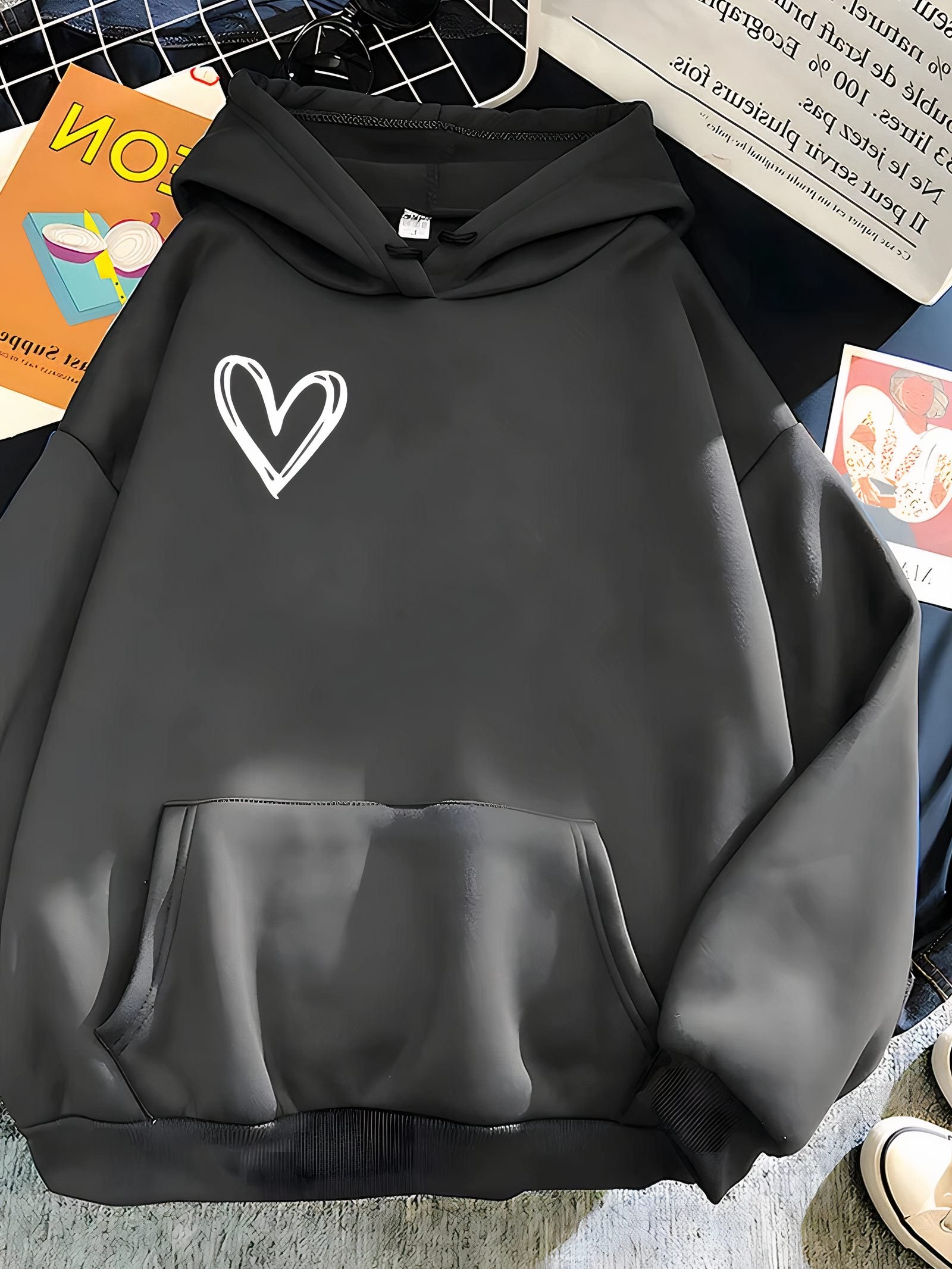 Damen Kapuzenpullover mit Herzdruck - Dunkelgrau