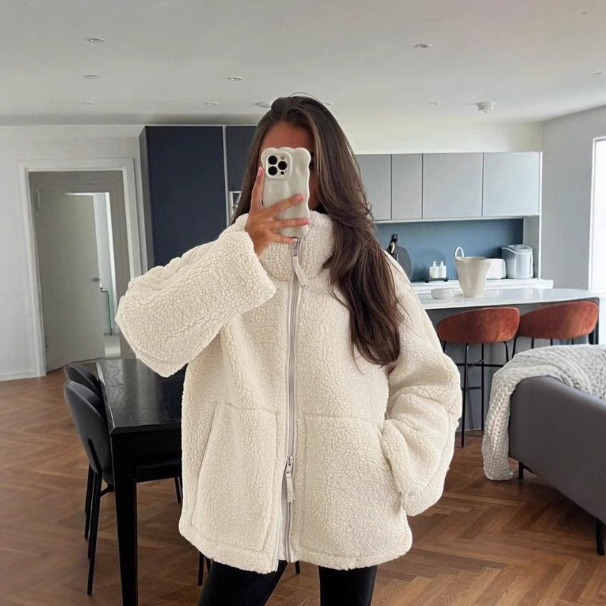 Damen Oversized Fleecejacke mit Stehkragen und Reissverschluss