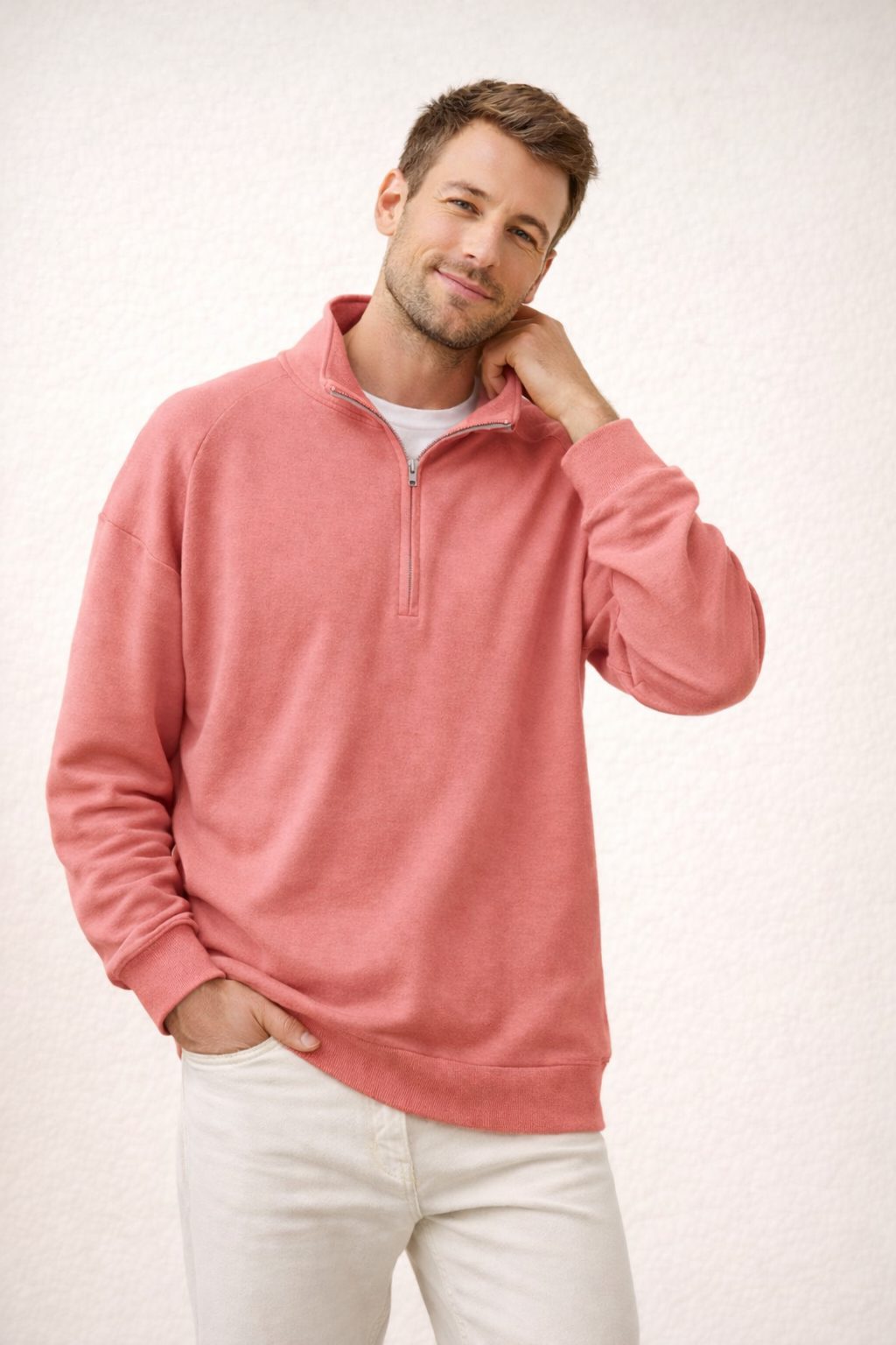 Herren Pullover mit Stehkragen und Reissverschluss - Rosa