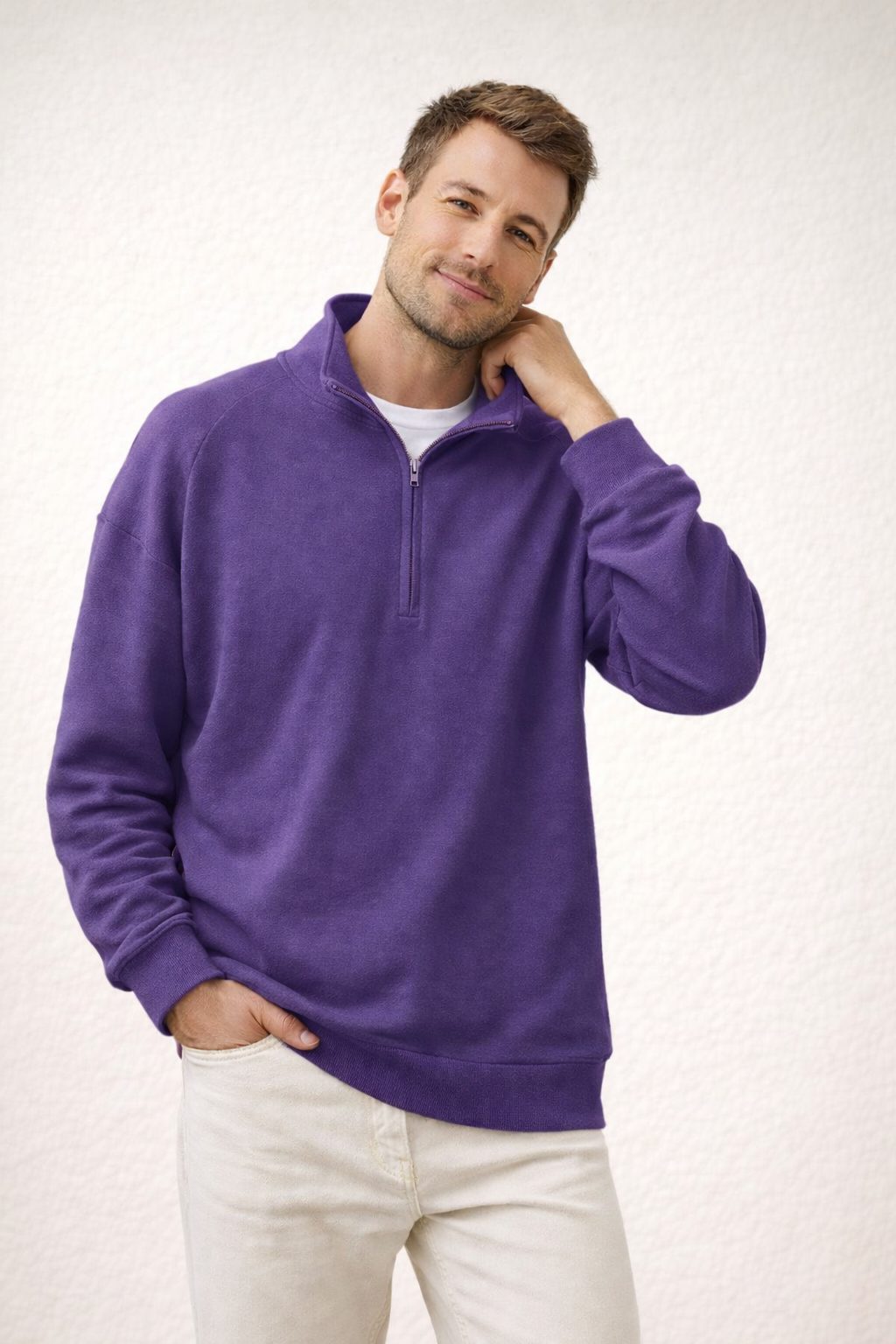 Herren Pullover mit Stehkragen und Reissverschluss - Lila