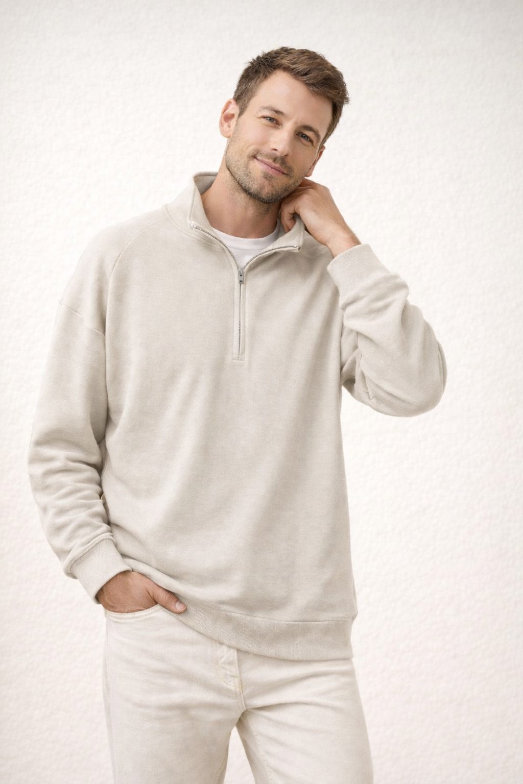 Herren Pullover mit Stehkragen und Reissverschluss - Helles Braun