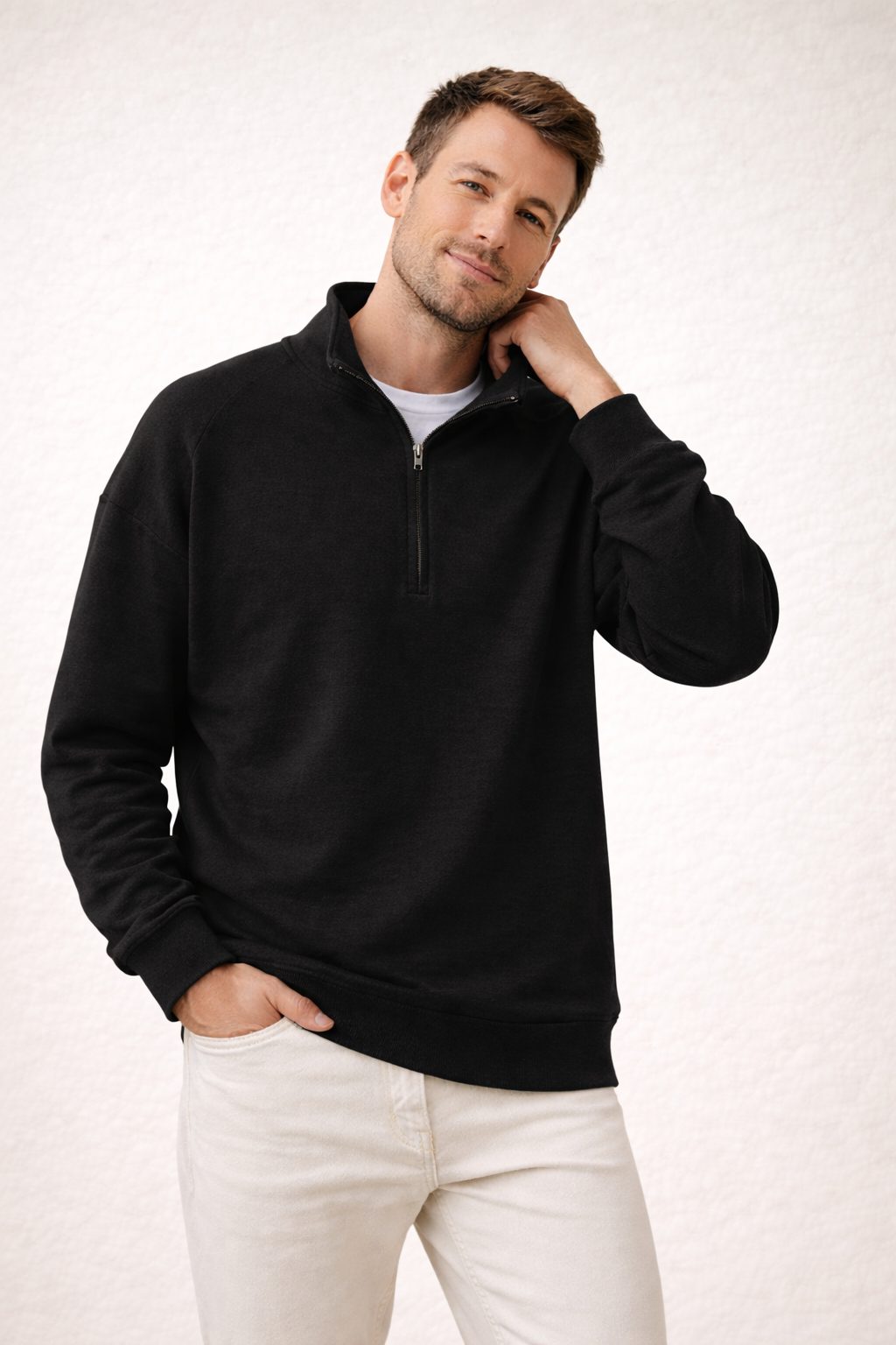 Herren Pullover mit Stehkragen und Reissverschluss - Schwarz